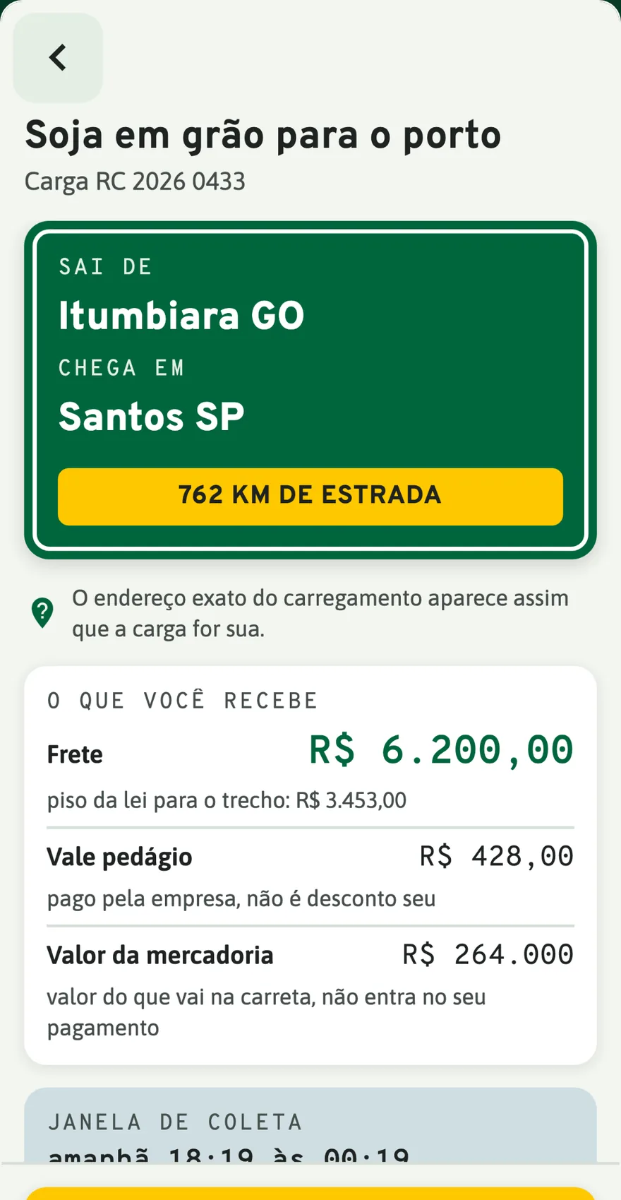 Tela do aplicativo com o detalhe de uma carga: o valor que o motorista recebe, piso da lei, vale-pedágio e valor da mercadoria